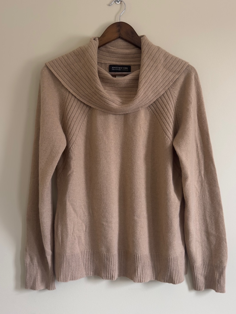 Jones New York 100% Cashmere Knit Cowl Sweater in Light Tan